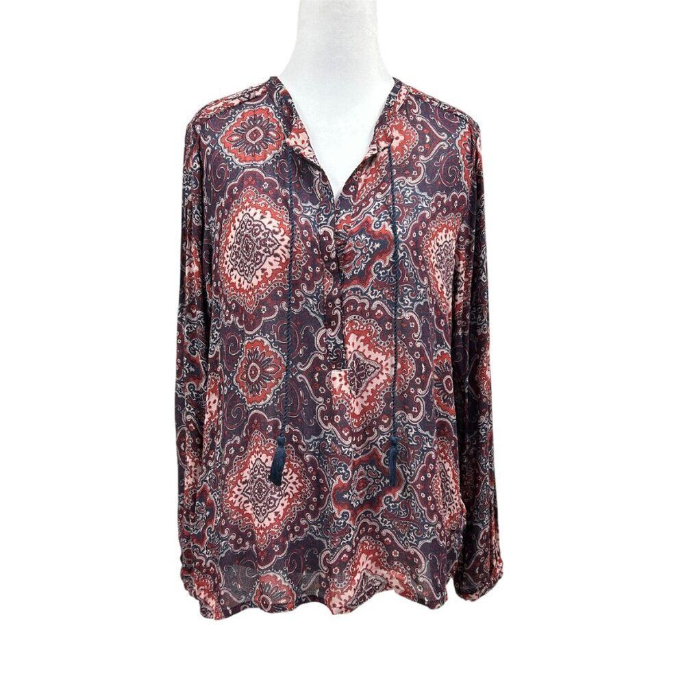 Lucky Brand Blouse Womens Size Medium Boho Semi Sheer V Neck Tassel